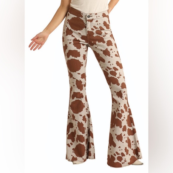 Rock & Roll Denim Cow Print Bell Bottom Jeans 27x34 Western Flare Pants - Picture 7 of 8